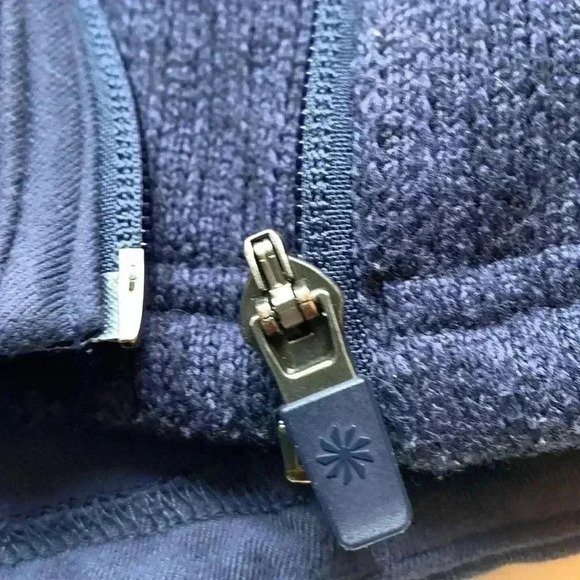 Athleta blue, zip  up, fitted, midweight jacket w holes for thumbs, pockets,hood - Picture 7 of 8